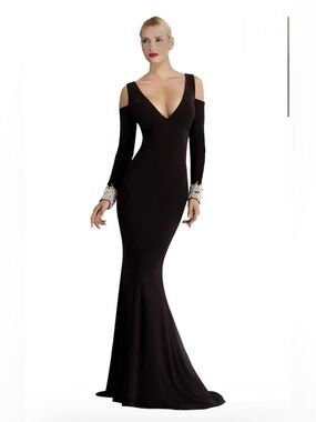 Janique K6573 Black Cold-Shoulder Long Sleeve Evening Gown with Embellished Cuff